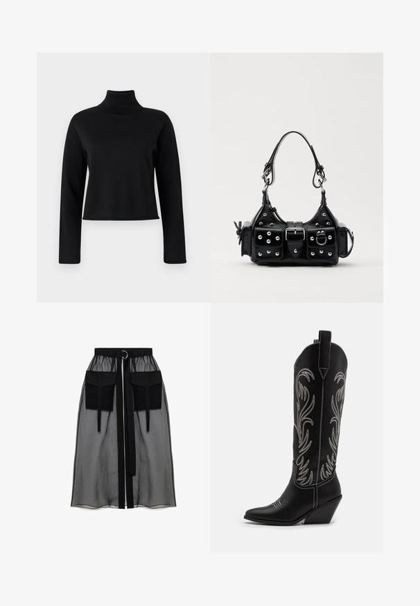 Crna rolka s dugim rukavima, napravljena od meke, glatke tkanine. Ima prilagođen kroj te rebrasti izrez i manžetne.; Crna prozirna suknja s nabranim pojasom, koja ima dva velika prednja džepa, remen oko struka i okrugli metalni detalj.; Crne kožne kauboj čizme s šiljastim prstima, klinastim potpeticama i srebrnim izvezenim cvjetnim uzorcima duž osovine. Kontrastni šavovi posvuda.; Crna kožna torba s zakrivljenim dizajnom, koja sadrži srebrne zakovice, kopču i dva bočna džepa. Podesiva traka za različite opcije nošenja.
