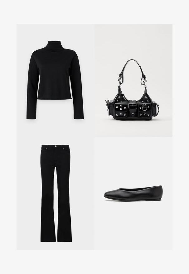Pulôver preto de gola alta com mangas longas, feito de um tecido suave e liso. Apresenta um design ajustado e gola e punhos canelados.; Calças pretas de ganga em corte flare, com dois bolsos frontais, fecho com botão e uma textura suave. Costura característica visível nas costuras.; Paul Smith TOPANGA - Sabrinas - black; Bolsa de couro preta com um design curvado, apresentando tachas prateadas, uma fivela e dois bolsos laterais. Alça ajustável para opções de transporte.