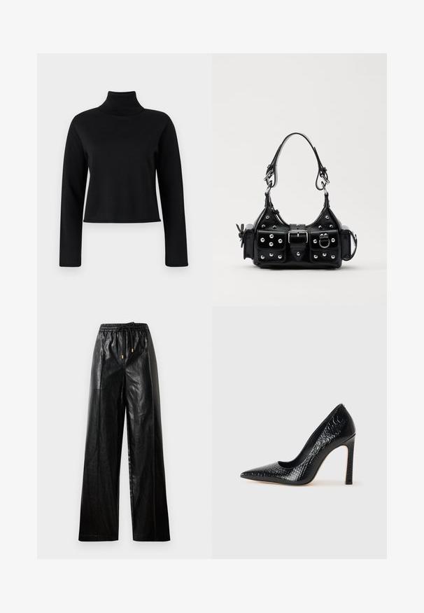 Pulover negru cu guler înalt, cu maneci lungi, realizat dintr-un material moale și neted. Are un design ajustat și guler și manșete cu nervuri.; Pantaloni largi din piele neagră, cu talie elastică, șnur și accente de hardware aurie. Textură netedă și croială lejeră.; Pantofii cu toc înalt, ascuțiți, de culoare neagră, cu textură de piele de crocodil, având un design elegant, toc în stil stiletto și interior neted de culoare neagră.; Geantă de piele neagră cu un design curbat, dotată cu studuri argintii, o cataramă și două buzunare laterale. Curea ajustabilă pentru opțiuni de transport.