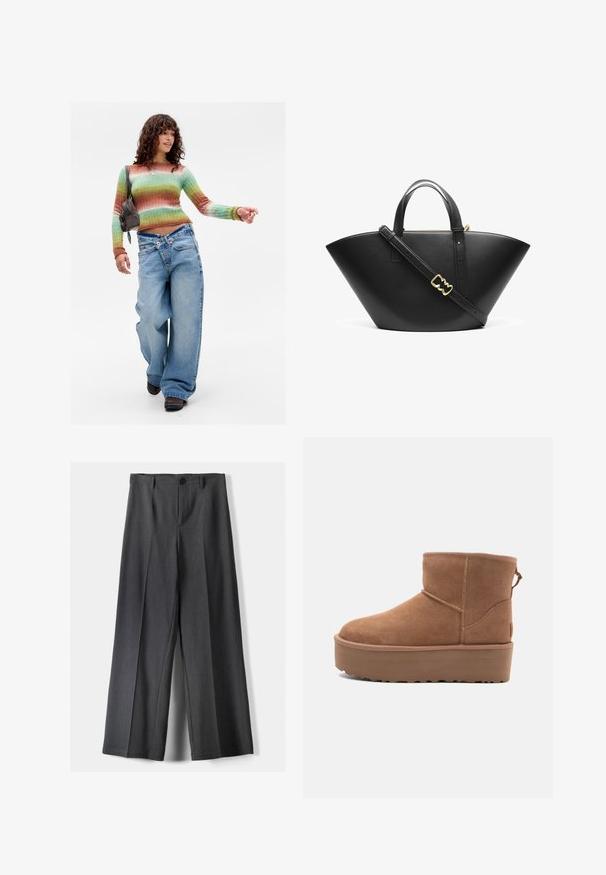 Egy nő magabiztosan sétál, színes csíkos pulóverben, széles lábú farmernadrágban keresztezett derékpánttal, barna cipőben és egy barna válltáskával.; Széles szárú nadrág sötétszürke anyagból, gombos záródással, elülső redőkkel és övhurkokkal. Simára kialakított textura, igényes szabással.; Barna suede bokacsizma platform talppal, lekerekített orral és varrás részletekkel; a hátsó részen húzófül található a könnyű felhúzás érdekében.; Fekete bőr tote táska széles, szögletes formával. Két felső fogantyúval és állítható vállpánttal rendelkezik, arany színű fém részletekkel.