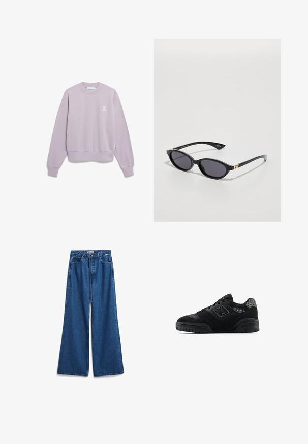 Helle lila, verkürzter Sweatshirt aus weichem Stoff. Er verfügt über einen Rundhalsausschnitt, Überschultern und ein kleines weißes Logo auf der Brust.; Weite blaue Denim-Jeans mit hoher Taille, fünf Taschen und Reißverschluss. Hergestellt aus strapazierfähigem Baumwollmix mit Ausbleichungen.; Schwarze Low-Top-Sneaker mit strukturiertem Sohlen, Schnürdesign, Wildlederpaneelen und gemusterten Akzenten an der Ferse sowie am Seitenlogo.; Schwarze Sonnenbrille mit ovalen Gläsern, dunklem Verlaufstönung und schlanken Bügeln mit dezenten goldenen Akzenten. Glatte Kunststoffoberfläche.; Isabel Bernard Honore Cloe - Handtasche - braun