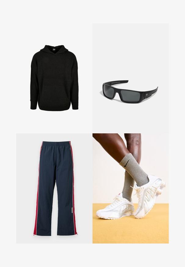 Schwarzer gerippter Strickhoodie mit einer Fronttasche und verstellbarem Kapuzenzug. Besitzt einen lockeren Schnitt und ein strukturiertes Muster auf dem Stoff.; Weißes kurzärmliges, eng anliegendes Hemd aus dehnbarem Stoff. Mit einem schwarzen Under Armour-Logo auf der Brust und einer glatten, strukturierten Oberfläche.; Navy-Fitness-Hosen mit elastischem Bund und roten Seitstreifen. Mit weißem Piping und Reißverschlüssen am Knöchel zur Anpassung. Leichtes Material.; Nike-Sneaker in Weiß mit silbernen Akzenten, ausgestattet mit strukturierten Paneelen und Perforationen. Kombiniert mit grauen gerippten Socken, vor einem gelben Hintergrund.; Schwarze Sonnenbrille mit rechteckigem Rahmen, dunkelgrauen Gläsern und glatter Kunststoffoberfläche. Auffälliges Logo-Element an der Seite.