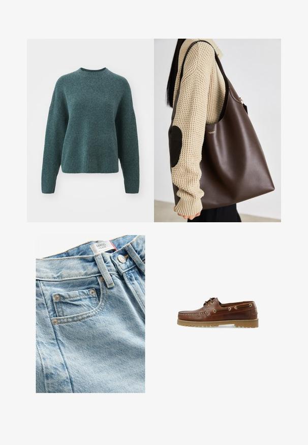 Turkusowy sweter dziany z okrągłym dekoltem, ściągaczami na rękawach i u dołu. Ma luźny krój i miękką teksturę z subtelnym połyskiem.; Biała bawełniana koszulka z dużym czerwonym i granatowym nadrukiem graficznym przedstawiającym konia oraz z napisem "LEVI'S THE ORIGINAL" napisanym dużymi literami.; Jasnoniebieskie dżinsy o średnim stanie z teksturowanym wykończeniem, z małą przednią kieszenią i metalowym zapięciem. Widoczne charakterystyczne przeszycia.; Brązowy skórzany but żeglarski z niskim cięciem, sznurowanym wzorem, metalowymi oczkami i teksturowaną gumową podeszwą, z przeszyciem z przodu.; Brązowa skórzana torba typu tote o pojemnym designie. Charakteryzuje się gładką fakturą i subtelnym złotym logo. Połączona z kremowym swetrem z dzianiny.