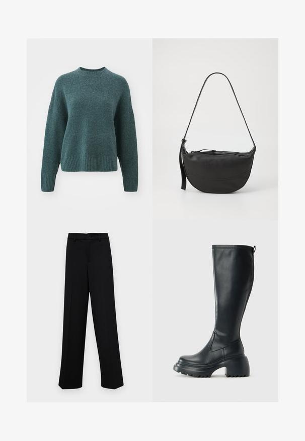 Teal knitted sweater with a crew neckline, ribbed cuffs, and hem. Features a relaxed fit and soft texture with a subtle sheen.; Black wide-leg trousers made of smooth fabric, featuring a classic waistband with a button closure and front pleats.; Tall black leather boot with chunky platform sole and block heel, featuring pull tab and textured tread on outsole.; Black leather shoulder bag with curved shape, single strap, zippered closure, and subtle stitch detailing along the body.