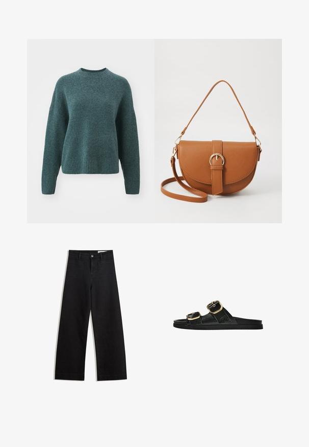 Teal gebreide trui met een ronde hals, geribde manchetten en zoom. Kenmerkt zich door een relaxte pasvorm en een zachte textuur met een subtiele glans.; Zwarte denim broek met wijde pijpen en een hoge taille, voorzien van voor- en achterzakken, gestikte naden en een knoopsluiting. Gladde textuur.; Zwarte slipper met twee gouden gesps, gladde textuur, platte zool en een minimalistisch ontwerp.; Bruine leren schoudertas met een gebogen vorm, gouden hardware en een gespaccent. Bevat een afneembare schouderriem.