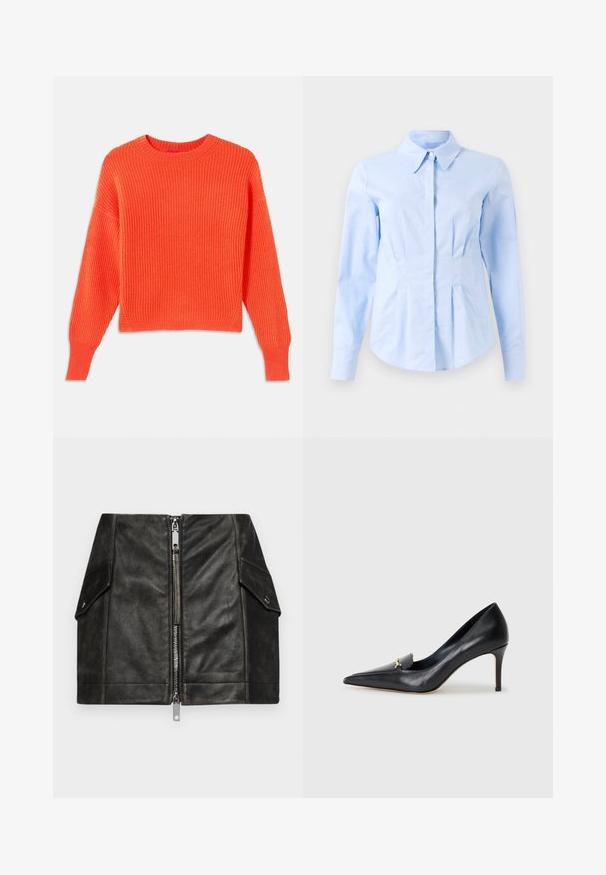 Maglione a coste arancione con scollo rotondo, spalle scese e vestibilità cropped. Tessuto testurizzato e spacchi laterali all'orlo.; Camicia fitted a maniche lunghe di colore azzurro chiaro con colletto a punta e bottoni frontali nascosti, vita sagomata e polsini con bottoni.; Gonna mini in pelle nera con zip frontale, due tasche laterali e una texture liscia. Presenta cuciture rinforzate e un design strutturato.; Décolleté in pelle nera con punta affusolata, scollatura bassa e un accento decorativo dorato. Presenta un tacco a stiletto e una superficie liscia.