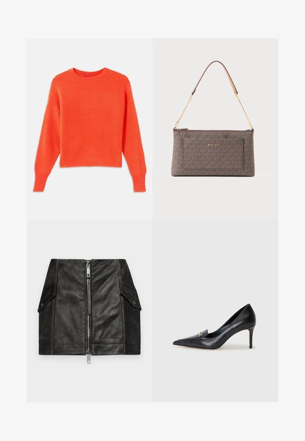 Narančasti rebrasti pleteni džemper s okruglim izrezom, spuštenim ramenima i skraćenim fitom. Teksturirani uzorak tkanine i bočni prorezi na rubu.; Svijetloplava košulja dugih rukava, uskog kroja, s oštrim kragnom i skrivenim prednjim gumbima, krojena u struku i s gumbima na manžetama.; Crna kožna mini suknja s prednim patentnim zatvaračem, dva bočna džepa i glatkom teksturom. Sadrži pojačane šavove i strukturirani dizajn.; Crne kožne štikle s oštrim vrhom, niskim dekolteom i dekorativnim zlatnim naglaskom. Imaju štiklu i glatku teksturu.; Smeđi pravokutni Michael Korsu torba s ponavljajućim uzorkom loga, zlatna lančana traka s kožnim jastučićem za rame i prednji džep s imenom marke.