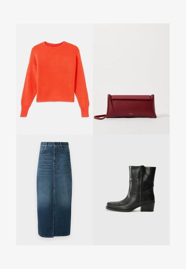 Pulover tricotat cu model în dungi, de culoare portocalie, cu decolteu rotund, umeri lăsați și croială scurtă. Textură specială a materialului și slituri laterale la tiv.; Fustă midi din denim de culoare indigo închis, cu o fante în față și un ușor efect de decolorare. Design clasic cu cinci buzunare și încheiere cu buton metalic.; Botine din piele neagră, cu vârf rotund, toc pătrat, fermoar pe lateral și accente de cusături pe partea superioară. Textură netedă, design clasic.; Geantă de mână roșie din piele cu o textură rafinată, având un capac plat pliat și o curea scurtă. Logo-ul subtil al mărcii pe față.
