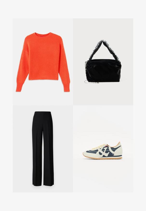 Oranžs ribota adīta džemperis ar apaļu izgriezumu, nolaižamām plecu šuvēm un īsu piegriezumu. Tekstūras auduma raksts un sānu spraugas apakšmalā.; Melni platleği bikses ar gludu tekstūru, ar augstu jostasvietu un centrālajām krokām. Nav redzamu rakstu vai aparatūras detaļu.; Sporta apavi ar krēma, jūras zila un zamša materiālu kombināciju, saites dizainu, diagonālām šuvēm un gumijas zoli ar saķeri.; Melnā mākslīgās ādas rokassomu ar teksturētu apdari, kas piedāvā pērlītēm rotātu sudraba akcentu augšējā rokturī un ķēdes siksnu.