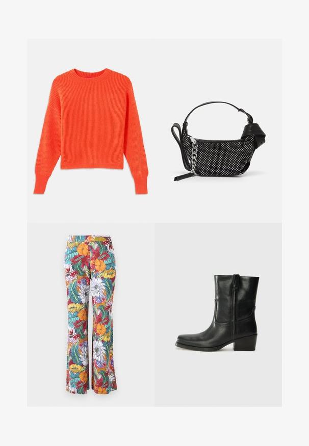 Orange ribbed knit sweater with a crew neckline, dropped shoulders, and a cropped fit. Textured fabric pattern and side slits at the hem.; Flared trousers with a multicolored floral pattern, featuring orange, purple, and teal flowers and green leaves on a white background.; Black leather ankle boot with a rounded toe, block heel, side zipper, and stitching accents on the vamp. Smooth texture, classic design.; Black handbag with a textured design, adorned with silver studs and a chunky silver chain strap. Features a sleek, minimalist shape.