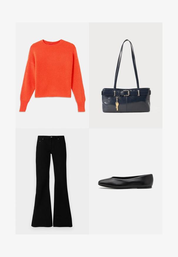 Pull en maille côtelée orange avec un col rond, des épaules tombantes et une coupe courte. Motif de tissu texturé et fentes sur les côtés à l'ourlet.; Jean évasés noirs en denim, avec un design classique à cinq poches, fermeture à bouton et détails de couture subtils le long des coutures.; Paul Smith TOPANGA - Ballerines - black; Sac à main en cuir bleu marine avec deux longues poignées, un détail de boucle et un porte-clés accroché. Il présente une texture lisse et une forme rectangulaire.