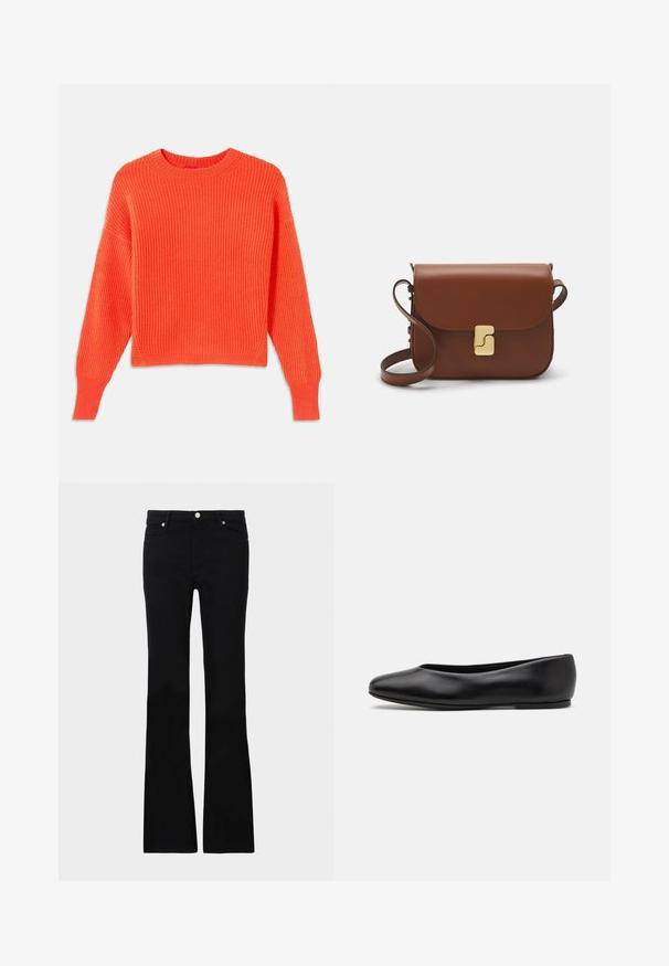 Pull en maille côtelée orange avec un col rond, des épaules tombantes et une coupe courte. Motif de tissu texturé et fentes sur les côtés à l'ourlet.; Jean évasé noir en denim, avec deux poches avant, une fermeture à bouton et une texture lisse. Couture signature visible aux coutures.; Paul Smith TOPANGA - Ballerines - black; Sac à main en cuir marron avec une fermeture à rabat, des accents en métal doré, une bandoulière et une texture lisse. Forme rectangulaire compacte.