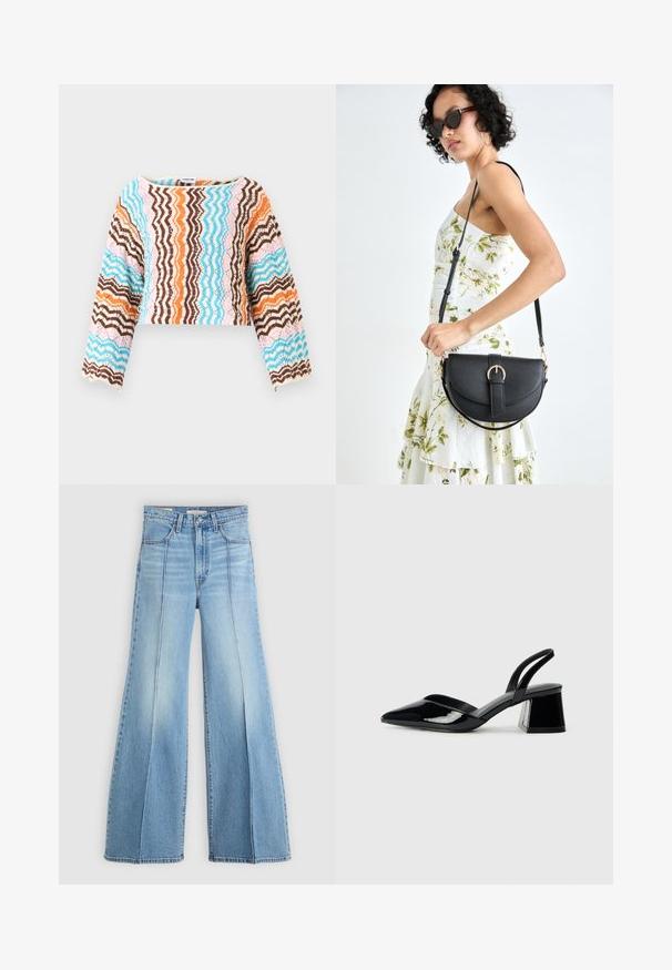 Crocheted, long-sleeve cropped top with a zigzag pattern in brown, blue, orange, and pink. Soft texture and scalloped hem details.; Light blue high-waisted jeans with wide legs, front and back pockets, belt loops, and vertical seam details on the front.; Black patent leather slingback heels with a pointed toe and a geometric block heel. Features a sleek, minimal design and smooth texture.; Black leather handbag with a curved shape, detachable strap, and gold hardware. The bag features a flap with a buckle detail.