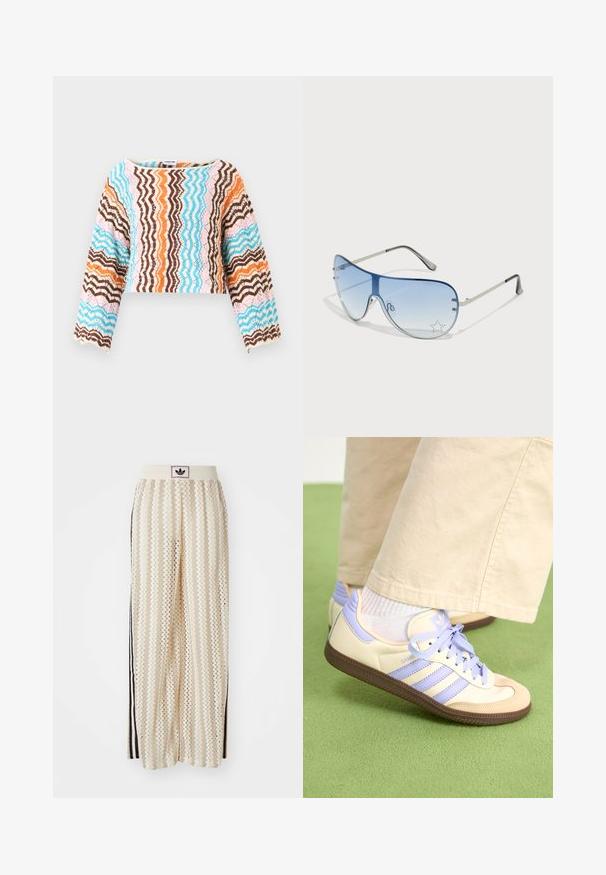 Horgolt, hosszú ujjú, rövid felső, zigzag mintával barna, kék, narancs és rózsaszín színekben. Puha tapintású és fodros szegéllyel.; Krém színű, széles szárú nadrág zigzag mintával, fekete logós derékrésszel és fekete oldalsávokkal. Könnyű, texturált anyag.; Krém és levendula színű sportcipők három csíkkal és texturált barna talppal, fűzőkkel és párnázott sarokkal. Puha anyagú felsőrész.; Pilóta napszemüveg, melynek áttetsző kék lencséje, ezüst fém kerete és díszes csillag díszítések találhatók a lencsén. Simogató és elegáns dizájn.