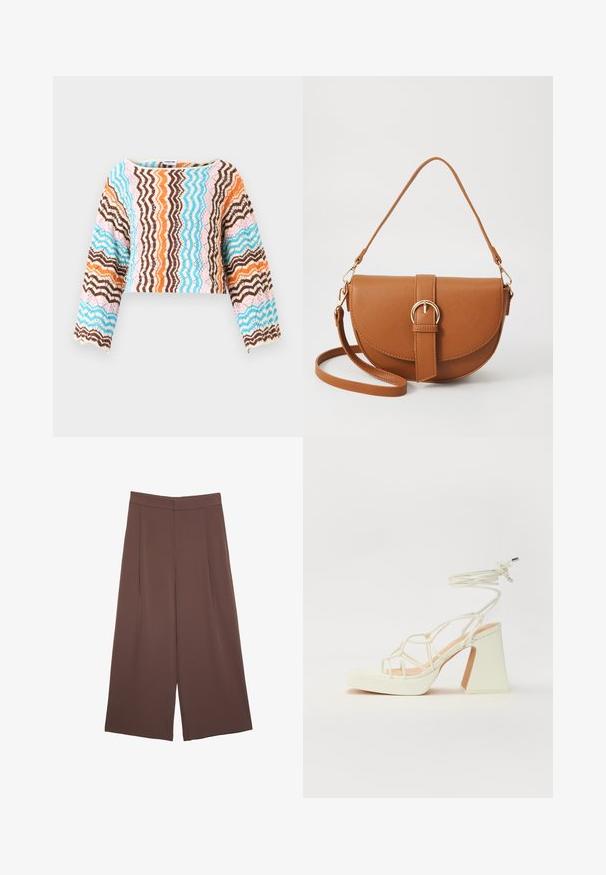 Häkeln, langärmliges, cropped Oberteil mit einem Zickzackmuster in Braun, Blau, Orange und Pink. Weiche Textur und gewellte Saumdetails.; Braune Weite-Leg-Hosen mit einer glatten Textur, hoher Taille und Vorderfalten. Der Stoff ist leicht und fällt locker.; Weiße High-Heel-Sandale mit einem klobigen Absatz, die über ein Riemchendesign und ein Knöchelband verfügt. Glatte Textur mit einer Plattform vorne für zusätzliche Höhe.; Braune Leder-Crossbody-Tasche mit geschwungener Form, goldfarbenen Beschlägen und einer Schnallenakzentuierung. Verfügt über einen abnehmbaren Schultergurt.