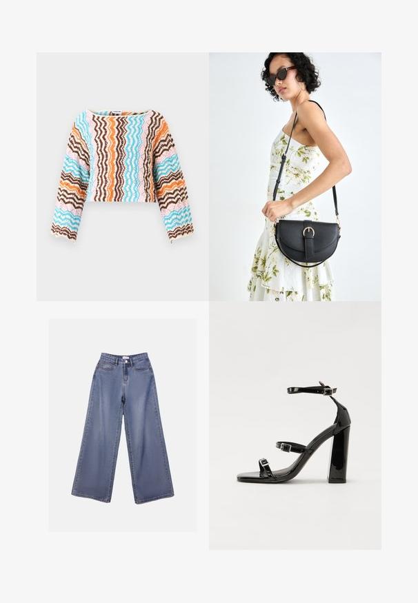 Háčkovaný cropped top s dlouhým rukávem a cik-cak vzorem v hnědé, modré, oranžové a růžové barvě. Měkká textura a detaily s vlněným lemem.; Džínové kalhoty s širokými nohavicemi v světle modrém odstínu, s vysokým pasem, předními kapsami a zapínáním na knoflík s poutky na pásek.; Černé lakované sandály na podpatku se čtveratou špičkou, lýtkovými pásky a stříbrnými přezkami. Disponují masivním blokovým podpatkem pro stabilitu.; Černá kožená kabelka s křivkovým tvarem, odnímatelným popruhem a zlatými detaily. Kabelka má klopu s přezkou.
