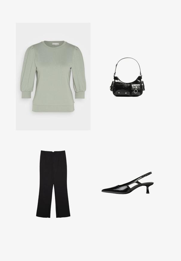 Světle zelený pulovr vyrobený z měkké látky, s balónovými rukávy, kulatým výstřihem a žebrovanými manžetami a lemem. Hladký, texturovaný povrch.; Černé kalhoty s rovným střihem, s předními kapsami a bočními rozparky na lemu. Vyrobené z jemné, hladké tkaniny. Vhodné na různé příležitosti.; Černé lakované lodičky na podpatku se špičatou špičkou, výřezovým designem na boku a malým čtvercovým podpatkem. Hladká textura s minimálními akcenty.; Černá lakovaná kožená kabelka s křivkovým tvarem, jedním ramenním popruhem, předními kapsami a stříbrnými kovovými detaily.