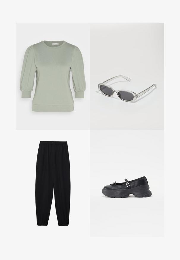Svetlozelený pulóver vyrobený z mäkkej látky, s nafúknutými rukávmi, okrúhlym výstrihom a rebrovanými manžetami a spodným okrajom. Hladký, textúrovaný povrch.; Čierne, ľahké nohavice s elastickým pásom a zúženými nohavicami. Tkanina je hladká a má voľný, zúžený strih.; Čierne kožené topánky Mary Jane s okrúhlou špičkou, detailom mašličky a nastaviteľným remienkom okolo členka. Obsahujú robustnú gumovú podrážku s zakrivenými akcentmi.; Slnečné okuliare oválneho tvaru, s priehľadným plastovým rámom, tmavošedými šošovkami a tenkými priehľadnými ramienkami s logovými akcentmi a minimálnym detailovaním.