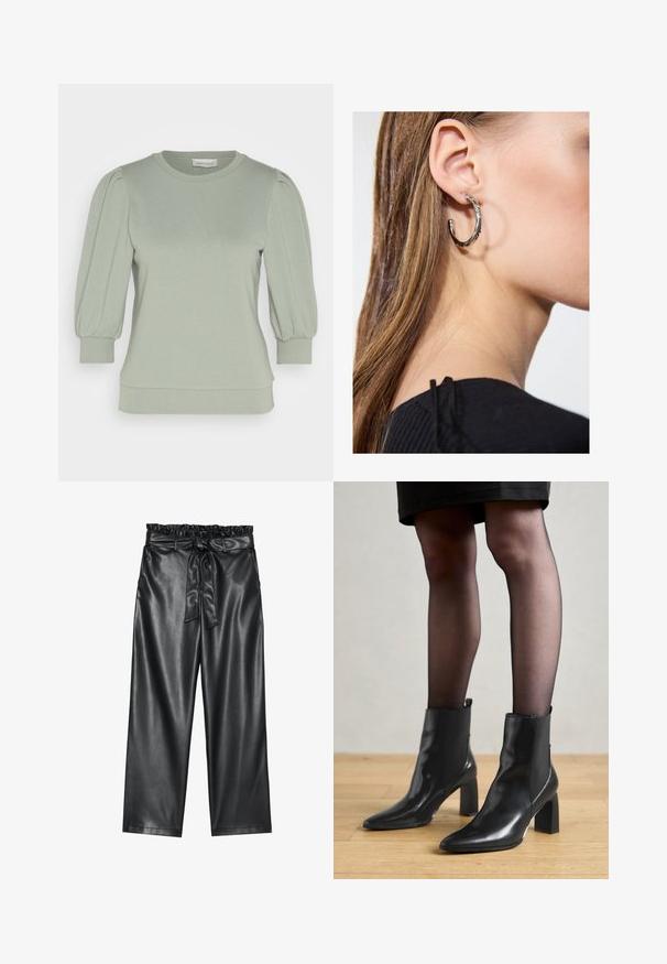 Gaiši zaļš džemperis, kas izgatavots no mīkstas auduma, ar pūkainām piedurknēm, apaļu kakla izgriezumu un ribotiem piedurknēm un apakšmalu. Gluda, teksturēta apdare.; Melna mākslīgās ādas plaša kāju bikses ar elastīgu, nošūtu jostu un noņemamu jostu. Gluda tekstūra un minimāla spīduma.; Melni ādas potīšu zābaki ar izdilušu purngala formu, masīvu kvadrātveida papēdi un elegantu dizainu. Iekļautas elastīgas sānu paneļi, kas nodrošina ērtu uzvilkšanu.; Sudraba auskars ar pulētu apdari, ar maziem zelta akcentiem un apaļu formu, uz ausu ļipiņas.