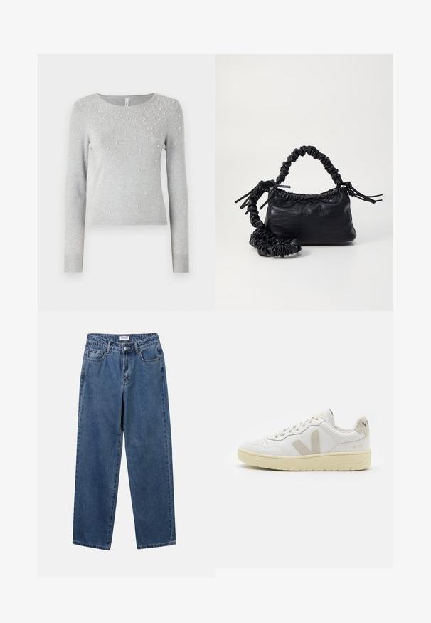 Maglione grigio in maglia con maniche lunghe, colletto rotondo e decorazioni in perle bianche sparse. Polsini e orlo a costine.; Jeans in denim blu classico con design a gamba dritta, cinque tasche e chiusura con bottone. Presentano un lavaggio medio e una trama robusta.; Sneaker in pelle bianca con dettagli in suede beige, punta perforata, lacci piatti e suola testurizzata color crema. Presenta un logo discreto sul tallone.; Borsa a tracolla in ecopelle nera con texture a coccodrillo, apertura cinchata e tracolla arricciata. Si presenta con un design morbido e compatto.