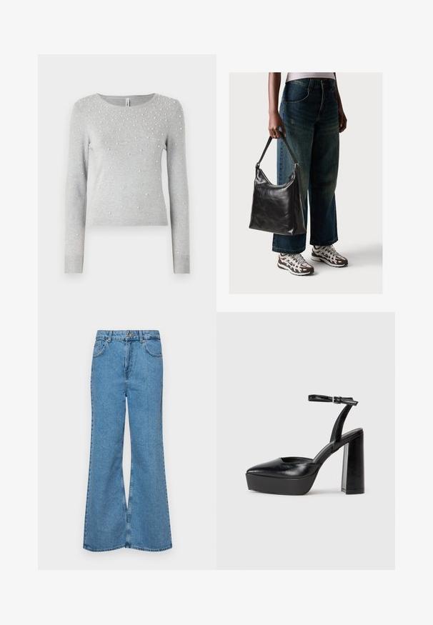 Grå strikket genser med lange ermer, rund hals og spredte hvite perleutsmykninger. Ribbede mansjetter og kant.; Lyseblå vide jeans laget av denim, med høyt liv, fem lommer og en enkelt knappelukking. Myk tekstur med falmet finish.; Sorte plattformhelter med spiss tå og justerbar ankelrem. Laget av glatt lær, med en robust blokkhel.; Sort skinnveske med en glatt tekstur og justerbar stropp, kombinert med falmede vide jeans og atletiske sneakers.