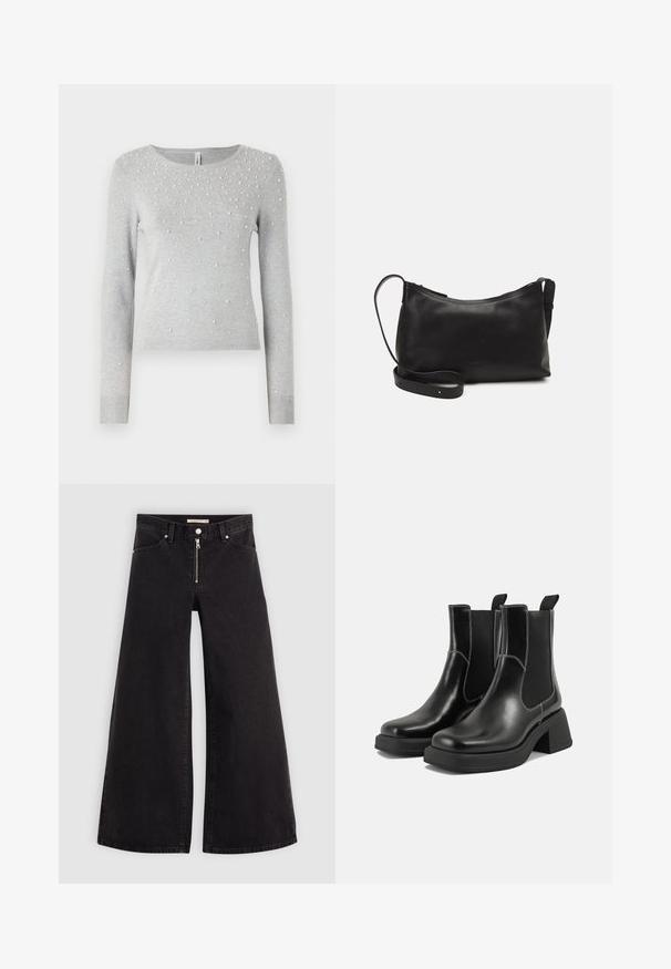 Pull en maille gris à manches longues, col rond, avec des embellissements en perles blanches éparpillées. Manches et bas côtelés.; Jean large en denim noir avec une fermeture éclair à l'avant, un design à cinq poches et des détails de couture subtils. Texture lisse et style décontracté.; Bottes Chelsea en cuir noir avec un talon épais, des panneaux latéraux élastiques et des coutures blanches contrastantes. Fini texturé.; Sac à épaule en cuir noir avec une texture lisse, une forme courbée, une bandoulière ajustable et une fermeture éclair. Design minimaliste sans embellissements.