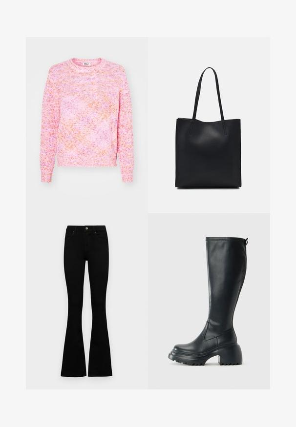ONLY ONLBEAUTY NECK - Πουλόβερ - pink lady; Μαύρα ψηλόμεσσα τζιν παντελόνια με κούμπωμα και φερμουάρ, εμπρός τσέπες και καμπάνα, τοποθετημένα επίπεδα σε λευκό φόντο.; Ψηλή μαύρη δερμάτινη μπότες με χοντρή πλατφόρμα και τετράγωνη τακούνι, διαθέτει λαβή και υφασμάτινη επιφάνεια στην εξωτερική σόλα.; Μαύρη δερμάτινη τσάντα tote με λείο υφή, ορθογώνιο σχήμα και δύο μακριές λαβές. Χωρίς ορατό υλικό ή διακοσμητικά στοιχεία.