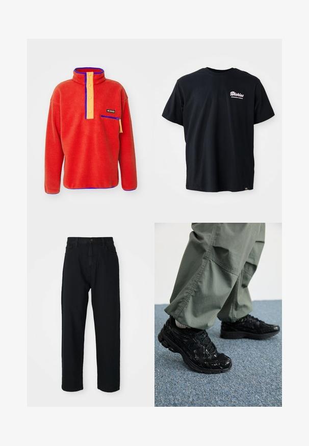 Rdež flis pulover z visokim ovratnikom, oranžno gumbnico, modrimi detajli in zadrgo na prsnem žepu. Mehak material, sproščen kroj.; Črna bombažna majica s kratkimi rokavi, okroglo izrezano ovratnikom in rožnatim logotipom na levem prsnem delu. Ima oznako na spodnjem levem robu.; Črne jeans hlače s ravnim krojem. Imajo klasičen pet-pocket dizajn, zapiranje na gumb in subtilno teksturo tkanine.; Črne športne superge z sijajnimi in mrežastimi teksturami, ki imajo debel podplat in vezalke, v kombinaciji z ohlapnimi olivno zelenimi cargo hlačami.