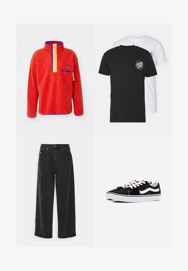 Sarkans vilnas džemperis ar augstu apkakli, oranžiem pogu aizdariem, zilām akcentiem un ar rāvējslēdzēja krūšu kabatu. Mīksta tekstūra, brīva piegriezuma.; Divas divu t-kreklu komplekts: viens melns, otrs balts. Abiem ir īsas piedurknes un apļa logo uz krūtīm kontrastējošā krāsā. Kokvilnas materiāls.; Obey Clothing BIGWIG BAGGY - Plati džinsi - black; Melnas zamšādas sporta apavi ar baltām šņorēm, ar izteiksmīgu baltu sānu joslu un melnu gumijas zoli, izceļoties ar kontrastējošām dūrienu detaļām.