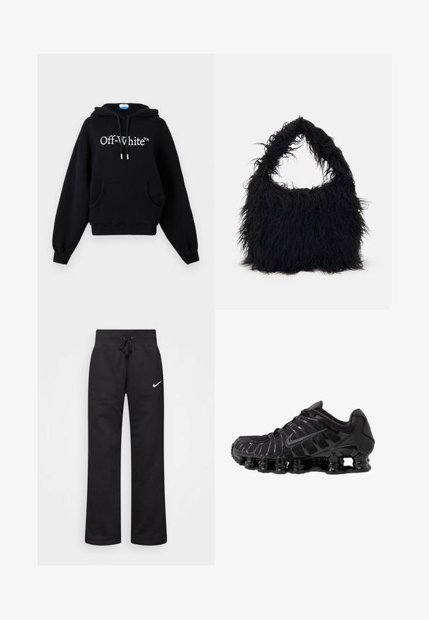 Fleece preto com capuz, bolso frontal grande, cordão, punhos em ribana e logótipo "Off-White™" em branco no peito.; Calças de moletão pretas feitas de uma mistura de algodão, com um cós elástico ajustável, pernas retas e um logo da Nike branco no lado esquerdo.; Sapato atlético preto com parte superior em malha e sobreposições brilhantes. Apresenta amortecimento em espiral curvado e linhas texturizadas na lateral. Logotipo da Nike visível.; Even&Odd Saco de mão - black