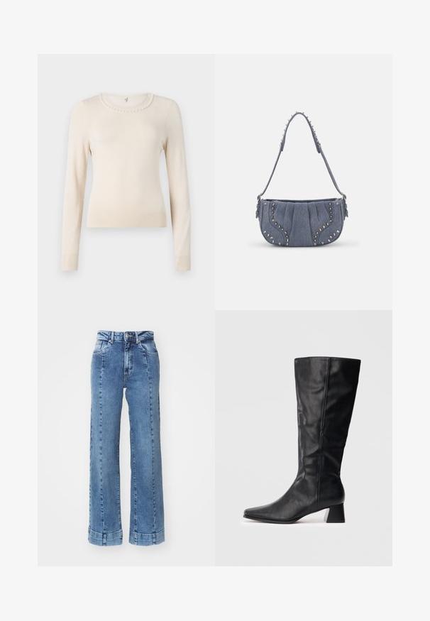 Krém színű, hosszú ujjú pulóver kerek nyakkal, gyöngy díszítéssel a gallér körül, valamint bordázott mandzsettákkal és aljjal. Puha tapintású.; Világoskék farmer széles lábú nadrág magas derékkal, elülső zsebekkel és varrott részletekkel. Az alja fel van hajtva és meg van varrva.; Fekete, vádli közepéig érő bőrcipő hegyes orral és tömbsarkal világos, egyszínű háttér előtt.; Kék színű farmer válltáska plisszált dizájnnal, ezüst szegecsek a szélek mentén, texturált pánttal.