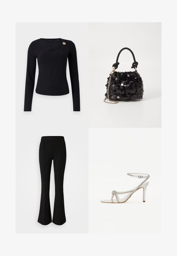 Long-sleeve black top in ribbed fabric featuring a side cut-out and a gold-tone decorative button near the shoulder. Fitted design.; Black flared pants made of a stretchy material with a smooth texture, featuring seam details along the front for added design.; White high-heeled sandal with a textured strap featuring rhinestones, open toe design, and ankle strap with adjustable buckle.; Black sequin mini handbag with a knotted textured strap and silver chain. Rounded shape with gathered top and reflective detailing.