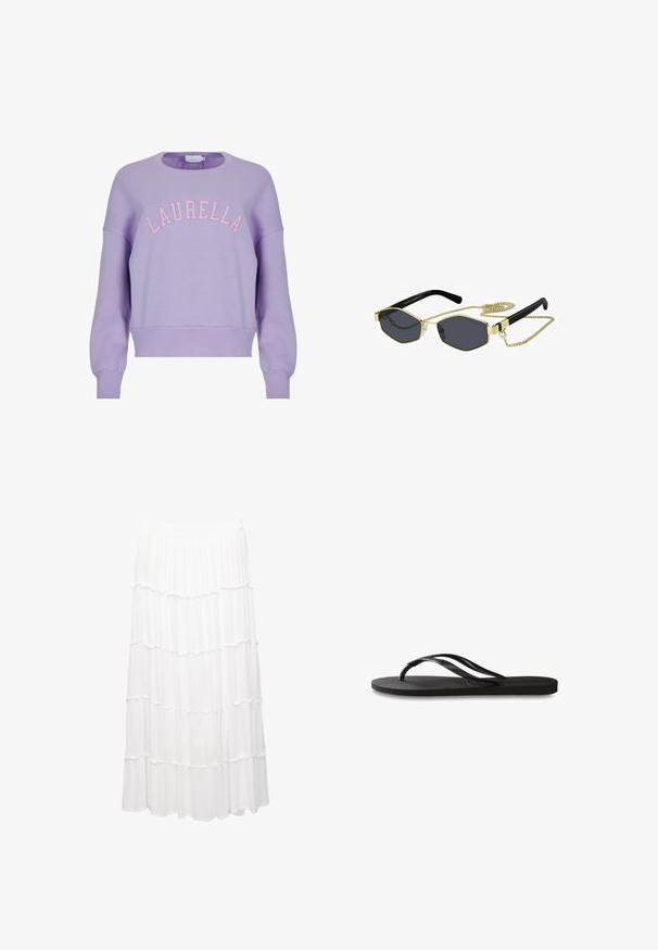 Lila sweatshirt med rund hals och långa ärmar. Har "LAURELLA" i rosa broderi över bröstet. Mjuk tygtextur.; Vit lagerkjol tillverkad av lättviktigt tyg, med ett elastiskt midjeband, volanglager och en flytande design som sträcker sig till mitten av vaden.; Svart flip-flop med en texturerad gummisula, två slanka remmar och en subtil, präglad logodetalj på remmen.; Oktagonala solglasögon med mörka linser, guldmetallaccenter och svarta plastbågar; inkluderar en avtagbar guldkedja.; Vit handväska med texturerade, scallopformade dekorationer som liknar snäckor. Har ett flätat handtag och ett silverfärgat kedjespänne för mångsidighet.