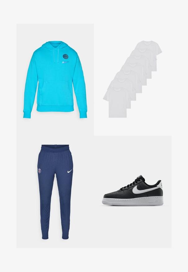 Felpa turchese in morbido tessuto, con tasca a marsupio frontale, cappuccio con coulisse e loghi sul petto: circolare e swoosh Nike.; T-shirt bianchi in cotone, maniche corte, design a collo tondo, texture liscia, impilati in fila, con un sottile marchio all'altezza del collo.; Pantaloni sportivi navy realizzati in tessuto testurizzato con logo Parigi sulla coscia sinistra e swoosh Nike bianco sulla destra.; Sneaker in pelle nera con superficie texture, baffo Nike bianco, suola grigia, punta rotonda e design con lacci. Presenta delle perforazioni sulla punta.