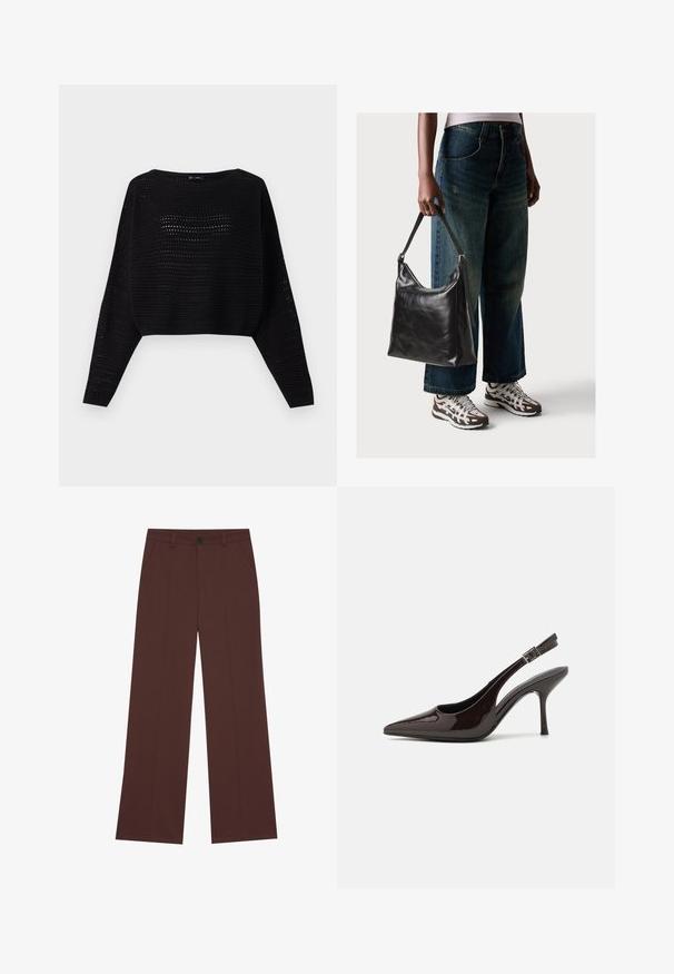 Sweater cropped preto em malha com mangas longas, apresentando uma textura de malha aberta e um decote largo. A parte inferior e os punhos são canelados.; Calças largas em tecido castanho escuro. Apresentam um fecho com botão, duas bolsos frontais, textura suave e linhas limpas.; Sapato de salto alto tipo slingback em verniz castanho escuro brilhante, com bico apontado, laterais abertas e tira ajustável ao tornozelo.; Bolsa de ombro em couro preto com textura suave e alça ajustável, combinada com jeans de perna larga desbotados e ténis desportivos.