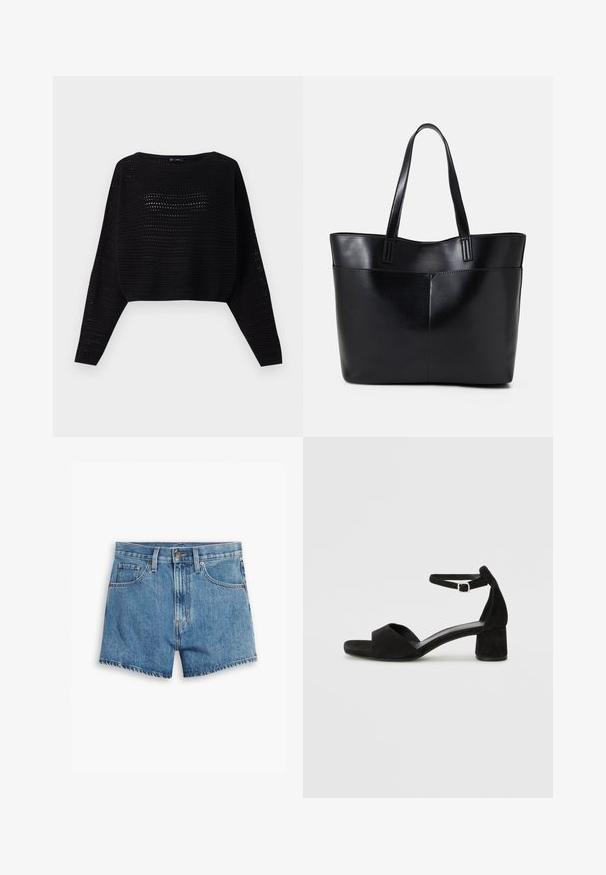 Schwarzer gestrickter Crop-Pullover mit langen Ärmeln, der ein offenes Maschenmuster und einen weiten Ausschnitt aufweist. Rippbündchen am unteren Saum und an den Ärmeln.; Hellblaue Denim-Shorts mit fünf Taschen, einem Reißverschluss und einem Knopfverschluss. Der Saum ist fransig und das Design bietet eine lässige Passform.; Schwarze Wildleder-Espadrilles mit einem dünnen Knöchelriemen, offener Zehenpartie und moderatem Blockabsatz. Glatte Textur und minimale Akzente.; Schwarze Leder-Shopper-Tasche mit zwei langen Griffen, einer glatten Textur und einer strukturierten Form. Verfügt über eine Vordertasche für zusätzlichen Stauraum.