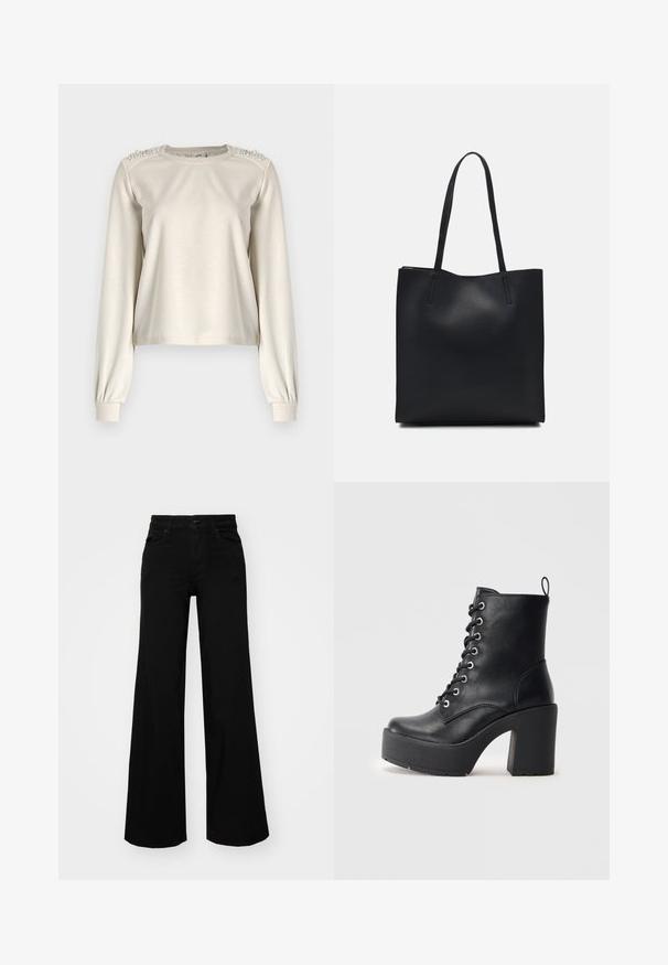 Sweatshirt cropped em bege claro com mangas longas, punhos ajustados e detalhes decorativos em pérolas nos ombros. Textura de tecido suave.; Calças largas pretas em denim, com uma cintura estruturada, passantes para cinto e bolsos frontais. Textura suave com um design clássico.; Botim de pele preta até ao tornozelo com um salto bloco chunky, frente com atacadores e superfície texturizada. Apresenta uma lingueta na parte de trás para um uso fácil.; Bolsa tote preta em couro com textura lisa, forma retangular e duas alças longas. Sem hardware ou enfeites visíveis.
