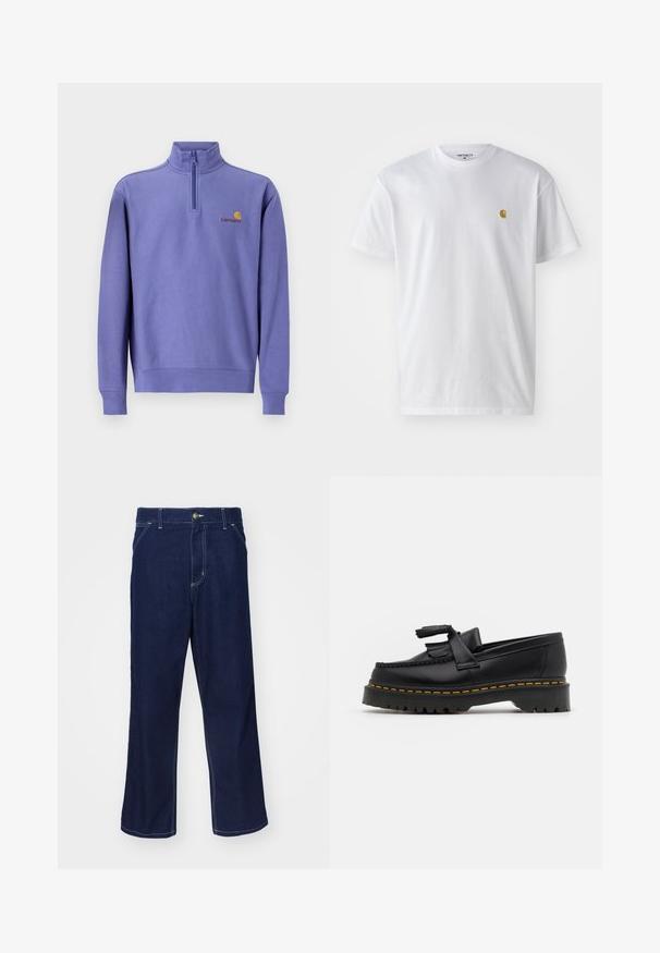 Fioletowy polarowy sweter z pół zamkiem, prążkowanymi mankietami i dołem. Posiada małe żółte logo oraz nazwę marki na piersi. Gładka faktura.; Biała bawełniana koszulka z krótkim rękawem, okrągłym dekoltem, z małym złotym logo na lewej części klatki piersiowej. Miękka textura i regularny krój.; Granatowe dżinsy o prostym kroju nogawki, ze wstawkami w jasnym kolorze i zapięciem na guzik z przodu. Gładka tekstura.; Czarny skórzany mokasyn z frędzelkowymi akcentami, z masywną czarną podeszwą i żółtym przeszyciem wzdłuż krawędzi. Teksturowane wykończenie.