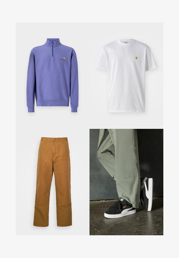Lila Fleece-Pullover mit einem halben Reißverschluss, gerippten Ärmelbündchen und Saum. Mit einem kleinen gelben Logo und Markennamen auf der Brust. Glatte Textur.; Weißes Baumwoll-T-Shirt mit kurzen Ärmeln, Rundhalsausschnitt, mit einem kleinen goldenen Logo im linken Brustbereich. Weicher Stoff und normale Passform.; Braune Baumwoll-Arbeitshosen mit geradem Bein, die über Vordertaschen und Metallakzente für zusätzliche Strapazierfähigkeit verfügen.; Schwarze Wildleder-Sneaker mit weißen Gummisohlen und seitlichen Streifen, kombiniert mit hellgrünen Cargo-Hosen, stehen auf einer strukturierten dunklen Oberfläche.