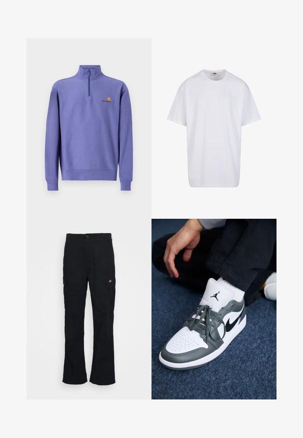 Pullover in pile viola con zip a metà, polsini e orlo a coste. Presenta un piccolo logo giallo e il nome del brand sul petto. Texture liscia.; Maglietta bianca in cotone con maniche corte, scollatura rotonda, vestibilità comoda e senza loghi o motivi visibili. Texture liscia e design minimale.; Pantaloni cargo neri con design a gamba dritta, realizzati in tessuto resistente, con tasche laterali e un logo a patch sul lato sinistro.; Sneakers Nike Air Jordan 1 in pelle bianca e grigia, con un logo nero, punta perforata e lacci grigi piatti.