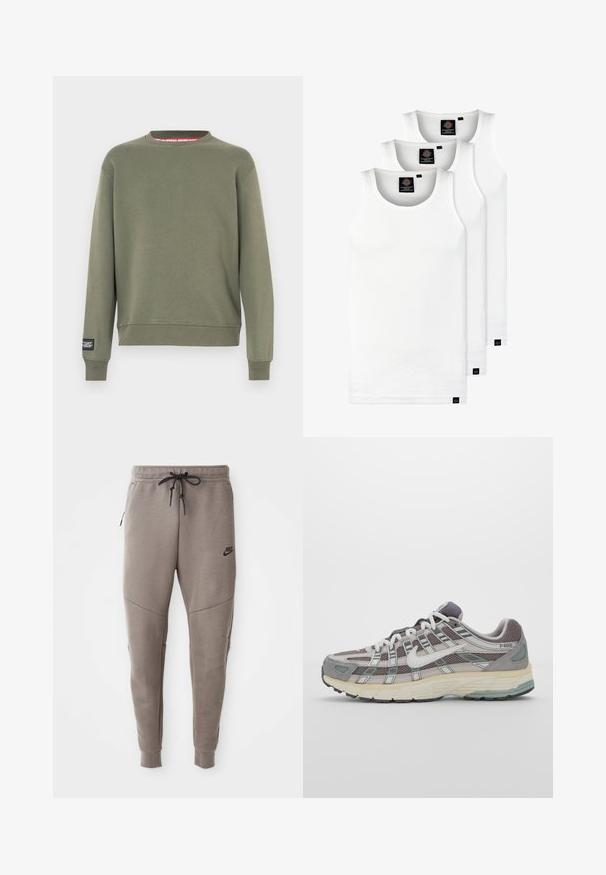 Felpa verde oliva realizzata in tessuto morbido, caratterizzata da scollo rotondo, polsini a costine e un'etichetta sulla manica sinistra.; Tre canotte bianche a coste in cotone. Presentano un colletto rotondo e piccole etichette nere vicino all'orlo. Disponibile in diverse taglie.; Pantaloni sportivi Nike grigi con cintura regolabile, gambe affusolate, tasche laterali e dettagli di cucitura distintivi. Tessuto morbido e texture.; Scarpa sportiva grigia con tomaia in mesh e suede, dettagli bianchi, suola ammortizzata e un design distintivo con elementi riflettenti.