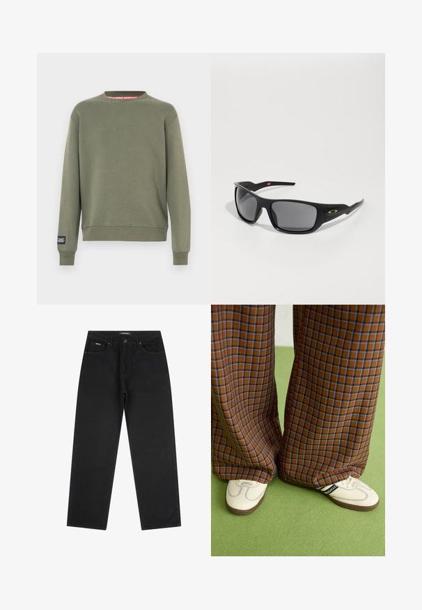 Bluza w kolorze oliwkowej zieleni wykonana z miękkiej tkaniny, posiadająca okrągły dekolt, ściągacze na mankietach oraz metkę na lewym rękawie.; Czarne jeansy proste o nogawce, z przednim guzikiem i zamkiem błyskawicznym, z pętlami na pasek i pięcioma kieszeniami, leżące na białym tle.; Brązowo-niebieskie spódnice w kratę o szerokich nogawkach zestawione z białymi butami z czarnymi akcentami i teksturowaną podeszwą, na tle zielonego tła.; Czarne okulary przeciwsłoneczne o prostokątnym kształcie, wykonane z trwałego plastiku, z szarymi przyciemnionymi soczewkami i złotym akcentem z boku.