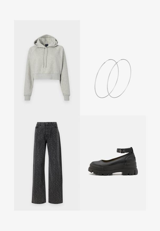 Felpa grigia tagliata con cappuccio, coulisse e polsini a costine. Realizzata in tessuto morbido con una vestibilità comoda e maniche raglan.; Noisy May NMJANNEL LOOSE - Jeans baggy - black denim; Buffalo ASPHA - Scarpe con plateau - black; Orecchini a cerchio in argento con un design minimalista. Forma circolare, superficie liscia e profilo sottile. Leggeri con una finitura lucida.