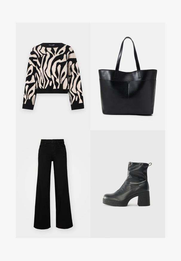 Mustavalkoinen neulepaita, jossa on abstrakti aaltoileva kuvio, pyöreä kaula-aukko, pitkät hihat ja lyhyt helma. Pehmeä tekstuuri ja joustavat hihansuut.; Musta leveälahkeinen farkkupanta, jossa on rakenteellinen vyötärö, vyölenkit ja etutaskut. Sujuva rakenne klassisella muotoilulla.; Mustat nilkkurit, jotka on valmistettu sileästä nahasta. Niissä on sivuvetoketju, paksu teksturoitu korko ja pyöristetty kärki.; Musta nahkainen kassi, jossa on kaksi pitkää kahvaa, sileä pinta ja jämäkkä muoto. Sisältää etutaskun lisävarastointia varten.