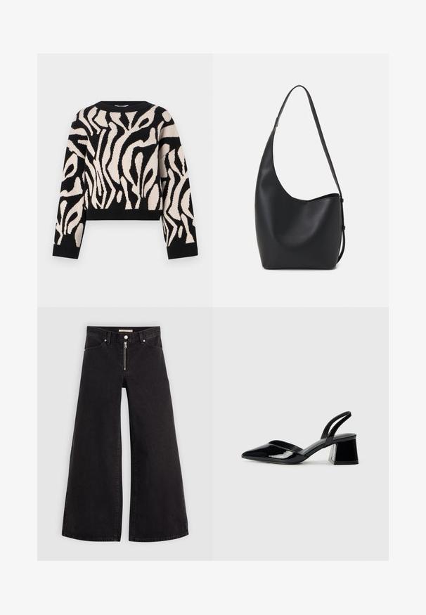 Pulover tricotat negru și crem cu un model abstract ondulat, guler rotund, mâneci lungi și tiv cropped. Textură moale și manșete elastice.; Jeans cu picioare largi din denim negru, cu fermoar în față, design cu cinci buzunare și detalii subtile de cusătură. Textură netedă și stil casual.; Pantofi cu toc slingback din piele lacuită neagră, cu vârf ascuțit și toc geometric. Prezintă un design elegant, minimalist și o textură netedă.; Geantă hobo din piele neagră, cu o textură netedă, formă curbată și un singur bretele ajustabil; are o deschidere largă în partea de sus.