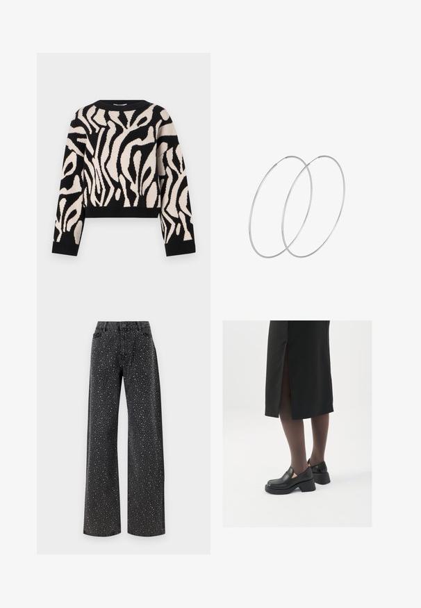 Melns un krēmkrāsas adīts džemperis ar abstraktu viļņotu rakstu, apaļo kaklu, garām piedurknēm un apgrieztu malu. Mīksta tekstūra un elastīgas piedurknes.; Noisy May NMJANNEL LOOSE - Brīva piegriezuma džinsi - black denim; Melni ādas apavi ar noapaļotu purngalu, biezām bloku papēžiem un elastīgiem sānu akcentiem, apvienoti ar tumšām zeķubiksēm un melnu svārku ar šķirbu.; Sudraba gredzenveida auskari ar minimālistisku dizainu. Cirkulāra forma, gluda tekstūra un plāns profils. Vieglu svaru ar spīdīgu apdari.