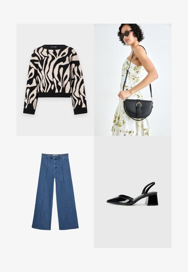 Crna i krem pletena džemper s apstraktnim valovitom uzorkom, okrugli izrez, dugi rukavi i skraćeni rub. Mekana tekstura i elastični rukavi.; Široke traperice u srednje plavoj boji, s visokim strukom, zatvaranjem na dugme i kontrastnim vertikalnim šavovima duž prednje strane.; Crne lakirane kožne sandale s otvorenom petom i špicastim vrhom, s geometrijskom blok petom. Imaju elegantan, minimalistički dizajn i glatku teksturu.; Crna kožna torba s lukovitim oblikom, odvojivim remenom i zlatnim detaljima. Torba ima preklop s kopčom.