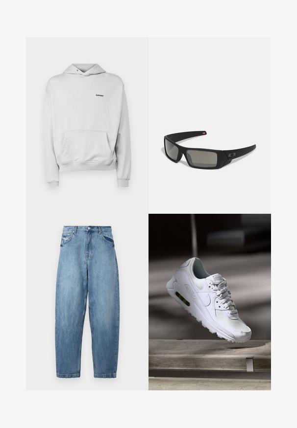 Bareen BOJAN OVERSIZE HOODIE - Felpa - micro chip; Jeans in denim azzurro chiaro con una vestibilità rilassata, design a cinque tasche e texture sbiadita. La vita presenta un bottone e una chiusura con zip.; Sneaker Nike Air Max 90 bianco con tomaia in mesh e pelle, punta forata e un'unità air visibile nel tallone.; Occhiali da sole neri con finitura opaca, lenti rettangolari, leggero curvatura sulle tempie, dettaglio logo discreto e lenti color fumo.