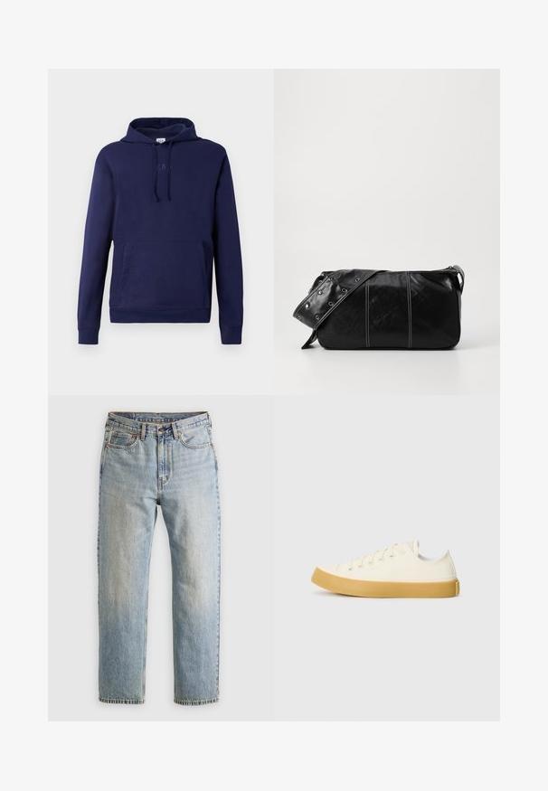 Mørkeblå hettegenser med kengurulomme foran, snor i hetten og diskret preget GAP-logo på brystet.; Lys blå denim jeans med høy midje, frontknapp, glidelås og fem-lommers design, lagt flatt på en nøytral bakgrunn.; Canvas sneakers i off-white med rund tå, med beige gummisåler og fem hull for lisser, strukturert finish på overdelen.; Svart lær skulderveske med glidelås, med teksturert overflate, hvite sømmer og en stropp med sølvringer.