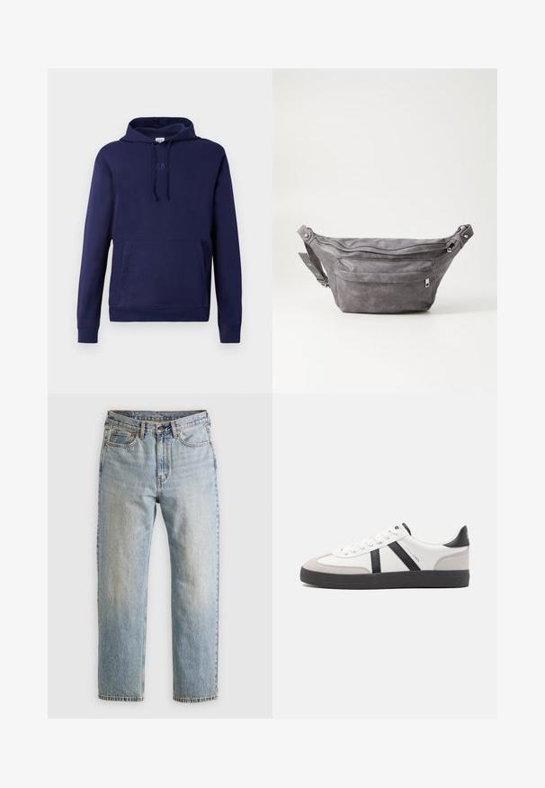 Felpa con cappuccio blu navy, dotata di tasca frontale a marsupio, cappuccio con cordino e logo GAP in rilievo sul petto.; Jeans in denim azzurro chiaro con vita alta, bottone anteriore, cerniera e design a cinque tasche, adagiati su uno sfondo neutro.; Sneaker bianco con accenti neri e grigi, dotata di una punta grigia testurizzata, suola in gomma nera e lacci bianchi piatti. Design pulito, stile minimalista.; Fanny pack in suede grigio con forma arrotondata, due scomparti con cerniera e tracolla regolabile. Presenta dettagli in metallo.